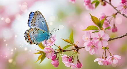 A vibrant blue butterfly rests on delicate pink cherry blossoms, creating a dreamy, ethereal scene.