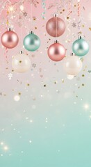 A green and pink Christmas ornament hangs from a tree