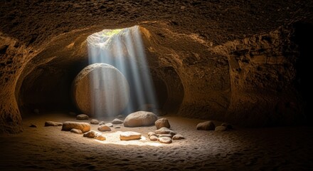 Captivating underground cave with a cascading waterfall, illuminated by natural light revealing a rocky floor. Serene and peaceful setting invites exploration of this hidden natural wonder.
