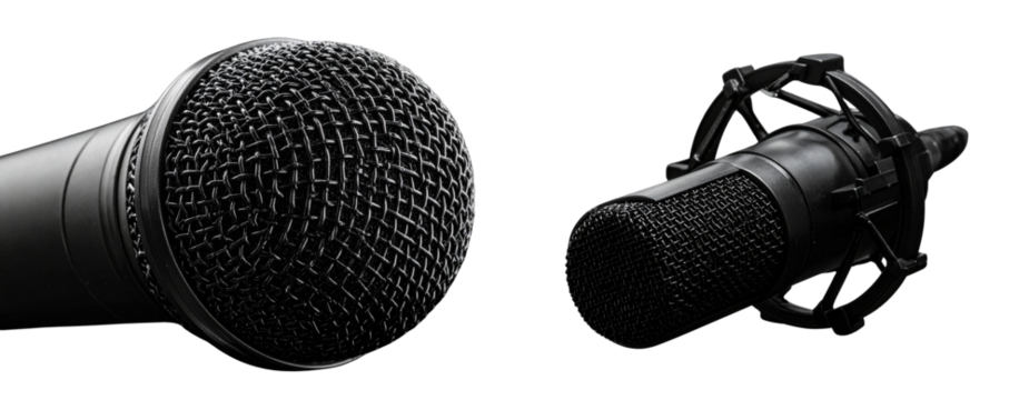Close-Up of Black Microphone Head with Mesh Texture, Dark Studio Lighting, Isolated Background