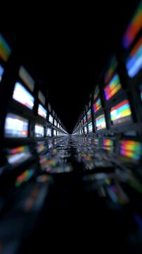 Exploring vibrant reflections in a looped journey through a colorful corridor at night