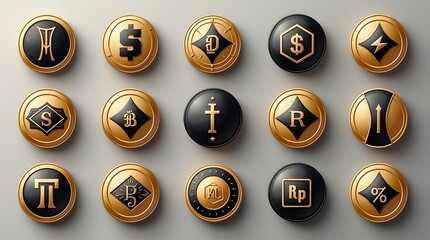 Modern gold and black coins featuring diverse currency symbols and abstract icons for finance and investment concepts
