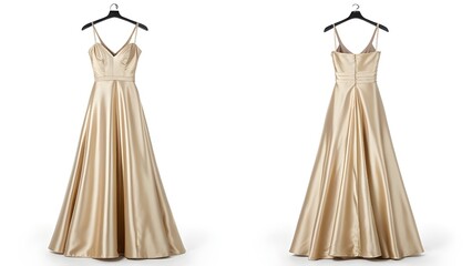 Front and back views of a long, elegant, champagne-colored evening gown hanging on a black hanger.