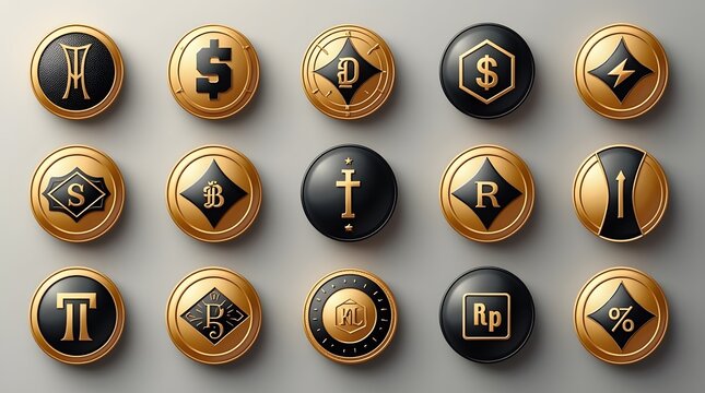 Modern gold and black coins featuring diverse currency symbols and abstract icons for finance and investment concepts - Powered by Adobe