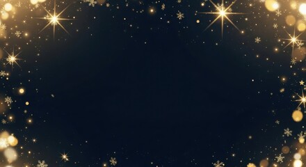 A black background with gold stars and snowflakes
