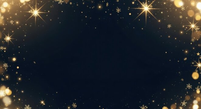 A black background with gold stars and snowflakes