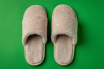 Cozy Beige Slippers on a Vibrant Green Background, Offering Comfort and Relaxation in a Simple Setting