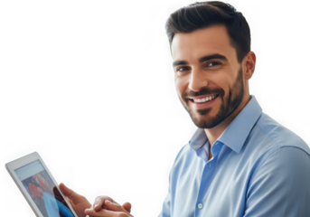 Smiling young man holding tablet computer appears confident and engaged in business isolated on transparent background