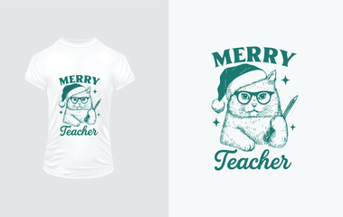 Merry Teacher Cat Wearing Santa Hat and Glasses Holding a Pencil christmas holiday