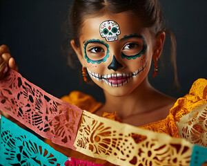Girl In Colorful Sugar Skull Costume With Papel Picado