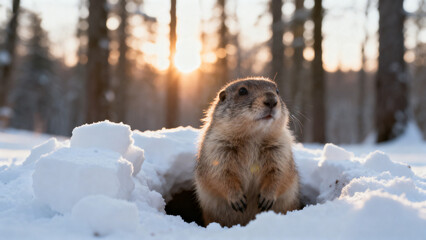 Groundhog Emerging from Snow Burrow © 鱼 蒋