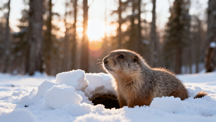 Groundhog in snowy forest at sunset