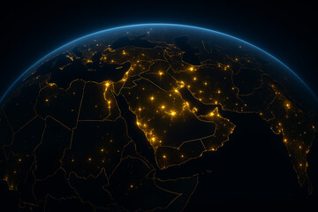 stunning aerial view of Arab world and Arabian peninsula illuminated at night from space, concept of global connectivity and technology, mapping and geography, middle east global connection