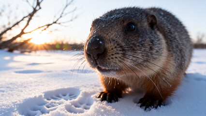 Groundhog in Winter Snow