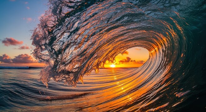 A breathtaking wave crashes against the water, its curl illuminated by the warm, golden sunset light.