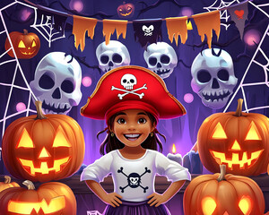 Girl In Halloween Costume With Pumpkins And Skulls