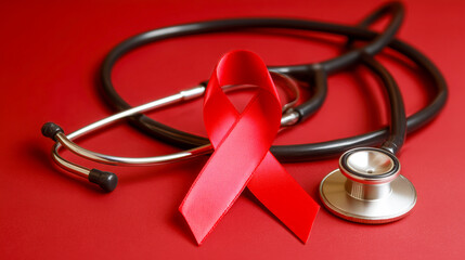 A red ribbon symbolizing AIDS awareness is placed on a stethoscope, representing medical care and support for the disease.