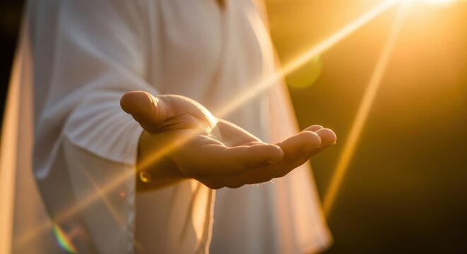 A close-up view of a person's outstretched hand, palm facing upwards, against a warm, golden light. The image evokes a sense of openness, possibility, and spiritual contemplation.