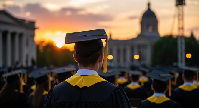 A group of graduates in caps and gowns stand in front of a university campus at sunset, celebrating their achievements and the next chapter of their lives. - Powered by Adobe