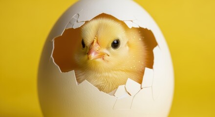 A newly hatched, fluffy yellow chick peeks out from a broken eggshell on a bright yellow background. The image captures the adorable and delicate nature of the baby bird just emerging into the world.