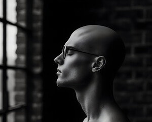 Thoughtful Bald Man Profile View Through Window