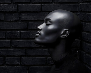 Closeup Portrait Of Man With Silver Glitter Makeup Against Dark Brick Wall