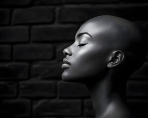 Profile Portrait Of Woman With Silver Makeup On Dark Brick Background