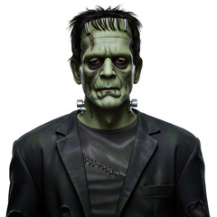 Frankenstein or a green skinned man with metal neck bolts and stitched scars wears a tattered suit on white or transparent background