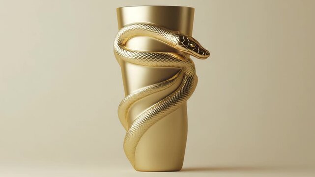 A golden vase featuring an intricately designed snake coiling around it is displayed on a neutral backdrop