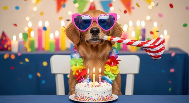 A lively birthday celebration featuring a playful dog in heart-shaped sunglasses and a flower lei, surrounded by a decorated cake and festive decorations.