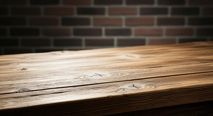 Weathered wooden table with rustic brick backdrop, conveying an industrial aesthetic suitable for design or product applications.