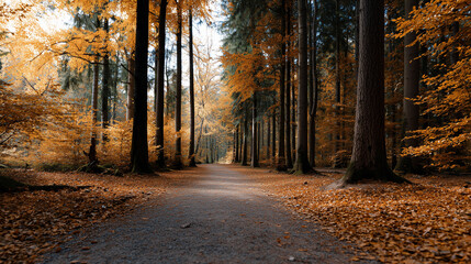 Obraz premium Autumn Forest Path Covered with Golden Leaves