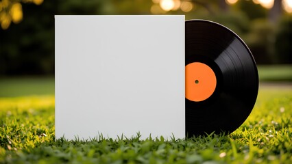 A black vinyl record with a blank white album cover stands in lush green grass, beautifully backlit by the warm, golden light of a sunset.