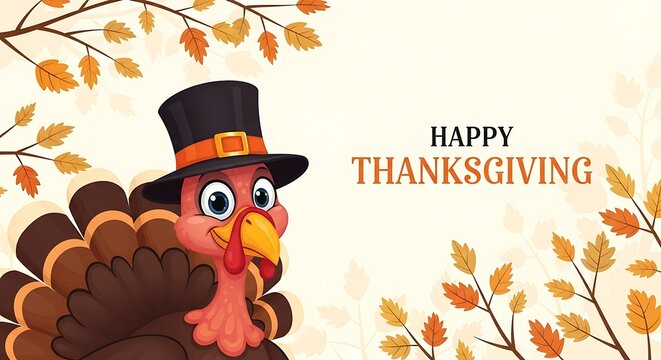 A whimsical cartoon turkey wearing a pilgrim hat stands proudly amidst autumn leaves wishing everyone a happy thanksgiving with a warm and festive greeting - Powered by Adobe