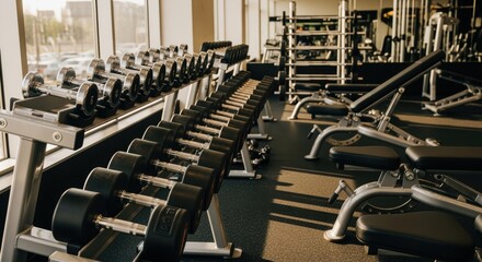 Obraz premium Spacious fitness center equipped with dumbbells, weight racks, and exercise machines. Designed for strength training and cardio workouts, offering a comprehensive fitness experience.