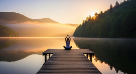 A person practicing yoga on a wooden dock overlooking a serene lake at sunrise. The scene is surrounded by forested mountains and a peaceful atmosphere, creating a tranquil and calming environment.