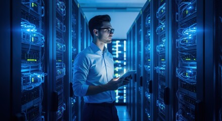 A man in a suit interacts with a tablet in a data center surrounded by server racks, bathed in a futuristic blue glow.