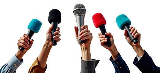 Journalism and media interview with many reporters holding microphones for a press conference, isolated on transparent background