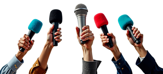 Journalism and media interview with many reporters holding microphones for a press conference, isolated on transparent background