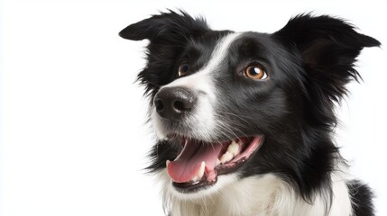 Border collie smiling with open mouth and looking up on white background
