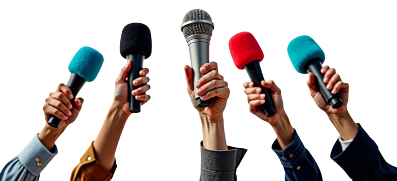Journalism and media interview with many reporters holding microphones for a press conference, isolated on transparent background