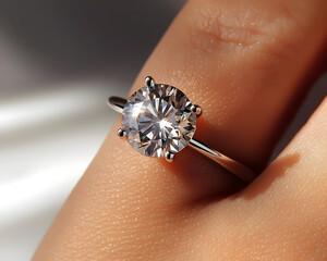 Closeup Of Sparkling Round Diamond Ring On Hand