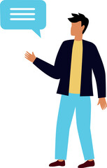 Man in casual clothes talking with a speech bubble above his head