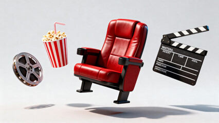 Cinema essentials with seat popcorn film clapperboard