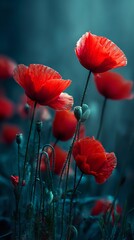 Crimson Poppies in Dreamy Blue: A Vibrant and Captivating Floral Display of Summer Beauty