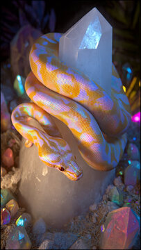 A shimmering snake intertwined with glowing crystals under soft blue light, radiating a celestial aura. Macro fantasy composition with high visual contrast.