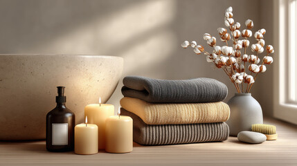Cozy bath setup with folded towels, candles, and cotton stems on wooden surface