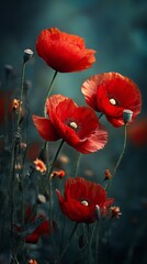 Vivid Red Poppies Swaying Gently in a Serene Field, Bathed in Soft Light