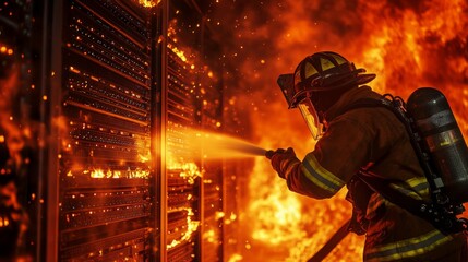 Firefighter extinguishing flames in a burning data center server room. Ideal for concepts like data loss, cybersecurity failure, IT disaster, emergency response, and fire safety.