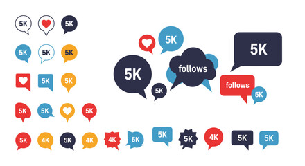 Social media engagement icons and notifications with follower counts and likes.
